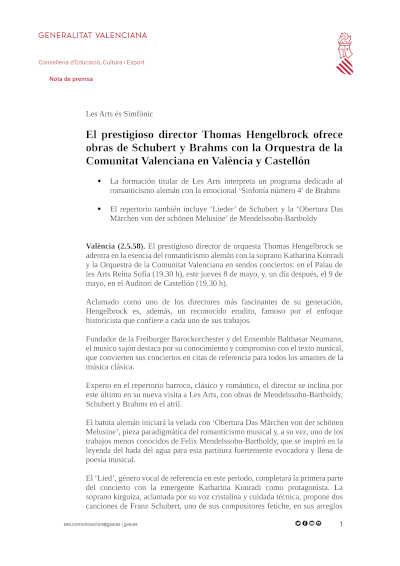Thomas Hengelbrock ofrece obras de Schubert y Brahms con la Orquestra de la Comunitat Valenciana en València y Castellón
