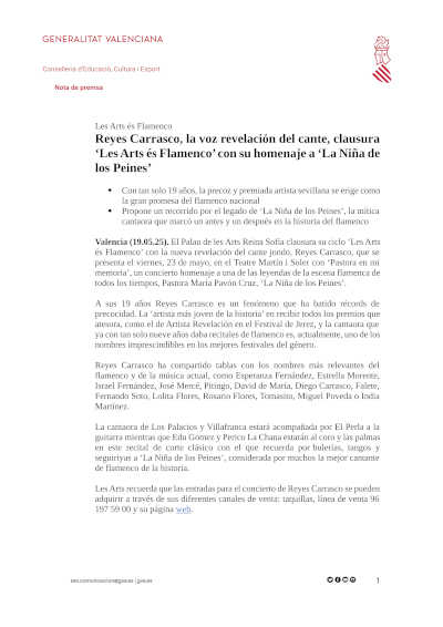 Reyes Carrasco, la voz revelación del cante, clausura «Les Arts és Flamenco» con su homenaje a «La Niña de los Peines»