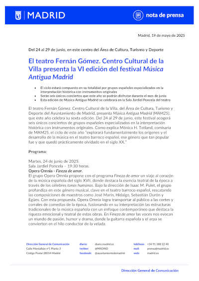 El Teatro Fernán Gómez. Centro Cultural de la Villa presenta la VI edición del Festival Música Antigua Madrid