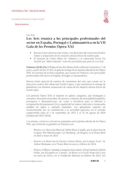 Les Arts reunirá a los principales profesionales del sector en España, Portugal y Latinoamérica en la VII Gala de los Premios Ópera XXI