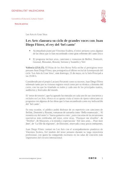 Les Arts clausura su ciclo de grandes voces con Juan Diego Flórez, el rey del «bel canto»