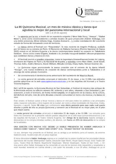 Comienza la venta de entradas para la 86º edición de la Quincena Musical de San Sebastián