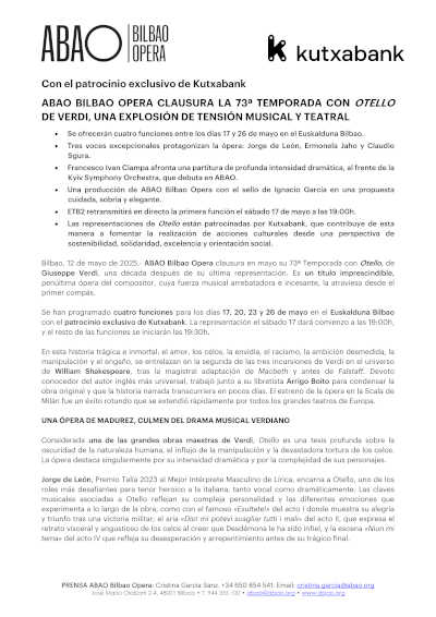 ABAO Bilbao Opera clausura la 73ª Temporada con Otello de Verdi, una explosión de tensión musical y teatral