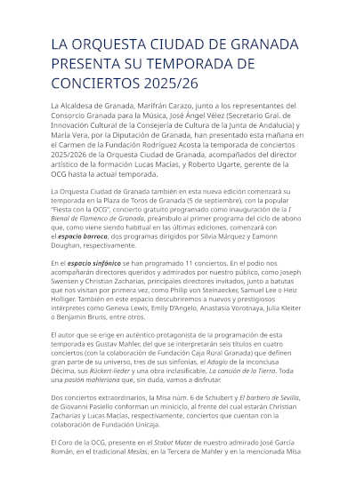 La Orquesta Ciudad de Granada presenta su Temporada de Conciertos 2025/26