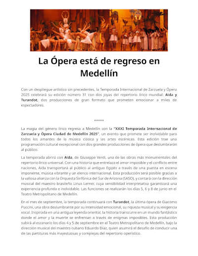 Destacada participación de 3 artistas españoles en la Temporada Internacional de Zarzuela y Ópera Ciudad de Medellín 2025
