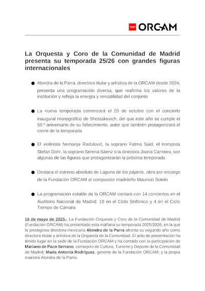 La Orquesta y Coro de la Comunidad de Madrid presenta su temporada 25/26 con grandes figuras internacionales