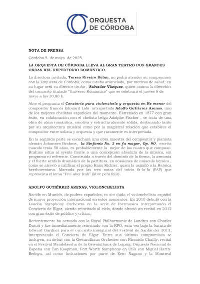 La Orquesta de Córdoba lleva al Gran Teatro dos grandes obras del repertorio romántico