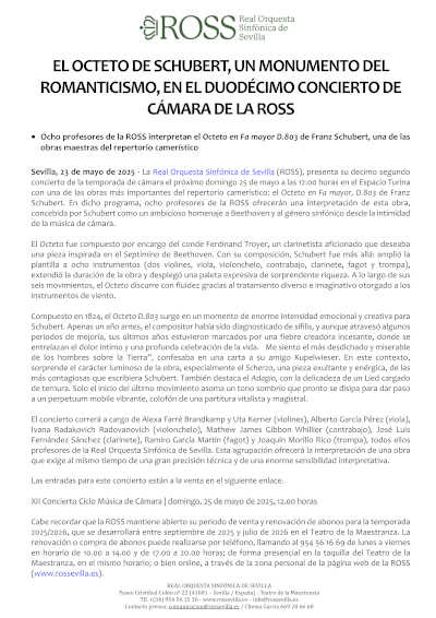 El Octeto de Schubert, un monumento del romanticismo, en el 12º Concierto de Cámara de la ROSS