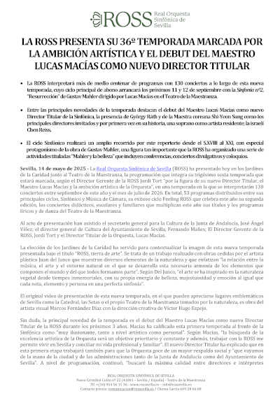 La ROSS presenta su 36º temporada marcada por la ambición artísta y el debut de Lucas Macías como nuevo titular