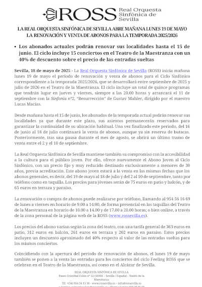 La Real Orquesta Sinfónica de Sevilla abre la renovación y venta de abonos para la temporada 2025/2026
