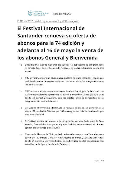 El Festival Internacional de Santander renueva su oferta de abonos para la 74 edición
