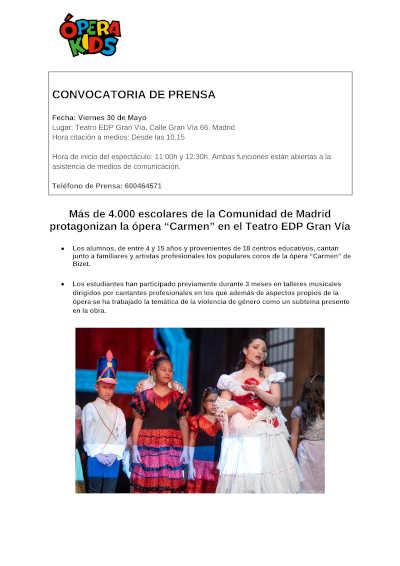 Más Que Ópera para más de 4.000 escolares de la Comunidad de Madrid protagonizan la ópera “Carmen”