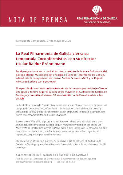 La Real Filharmonía de Galicia cierra su temporada «Inconformistas» con su director titular Baldur Brönnimann