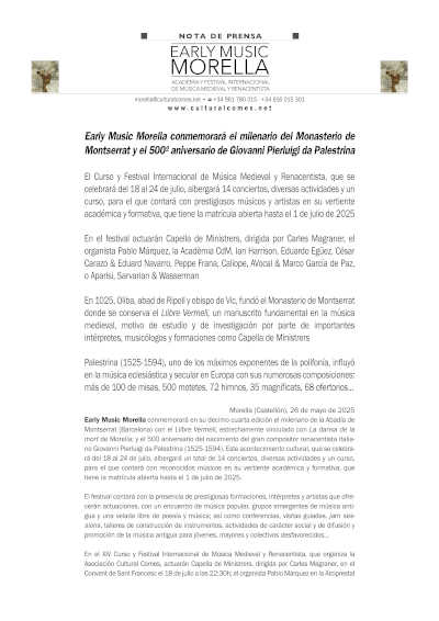 Early Music Morella conmemorará aniversarios del Monasterio de Montserrat y de Giovanni Pierluigi da Palestrina