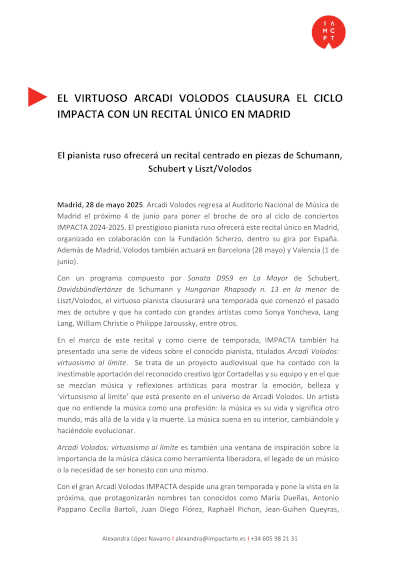 El virtuoso Arcadi Volodos clausura el Ciclo IMPACTA con un recital único en Madrid