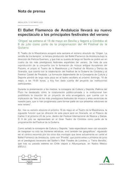 El Ballet Flamenco de Andalucía llevará su nuevo espectáculo al 44 Festival de la Guitarra de Córdoba