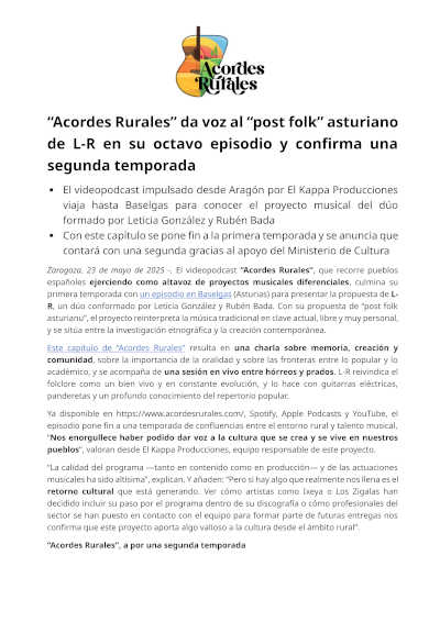 «Acordes Rurales» da voz al «post folk» asturiano de LR en su octavo episodio y confirma una segunda temporada