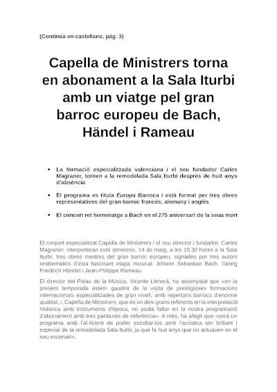 Capella de Ministrers vuelve en abono a la Sala Iturbi con un viaje por el gran barroco europeo de Bach, Händel y Rameau