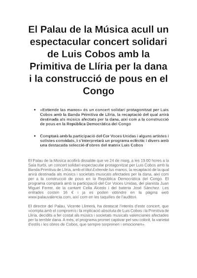 El Palau de la Música acoge un espectacular concierto solidario de Luis Cobos con la Primitiva de Llíria