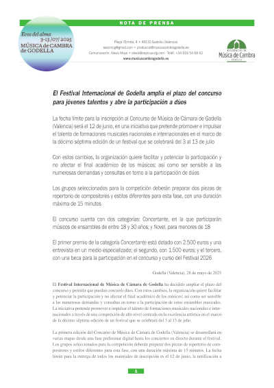 El Festival Internacional de Godella amplía el plazo del concurso para jóvenes talentos y abre la participación a dúos