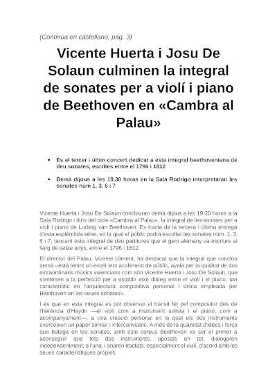 Vicente Huerta y Josu De Solaun culminan la integral de sonatas para violín y piano de Beethoven en «Cambra al Palau»