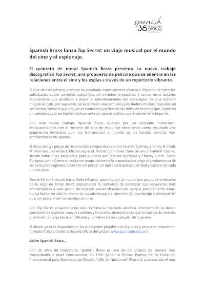 Spanish Brass lanza Top Secret: un viaje musical por el mundo del cine y el espionaje