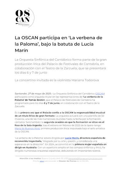 La OSCAN participa en «La verbena de la Paloma», bajo la batuta de Lucía Marín