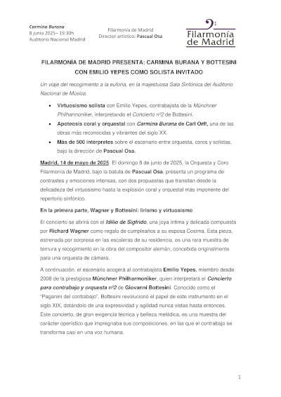 Filarmonía de Madrid presenta Carmina Burana y Bottesini con Emilio Yepes como solista invitado
