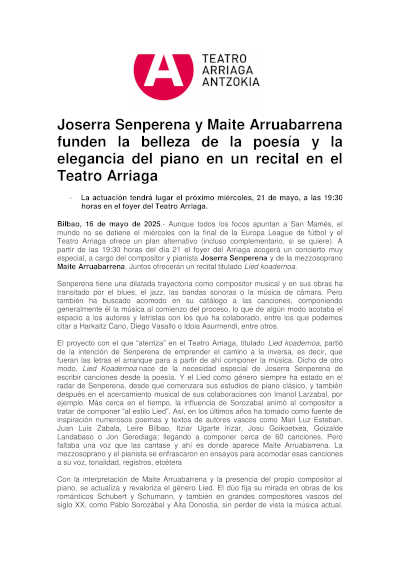 Joserra Senperena y Maite Arruabarrena funden la belleza de la poesía y la elegancia del piano en un recital en el Teatro Arriaga