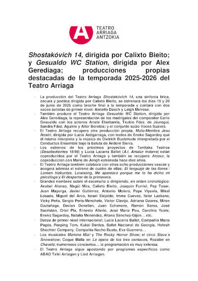 Shostakóvich 14 y Gesualdo WC Station, producciones propias destacadas de la temporada 2025-2026 del Teatro Arriaga