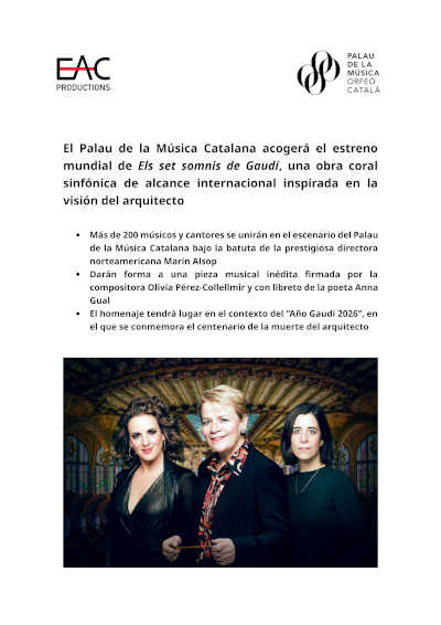 El Palau de la Música Catalana acogerá el estreno mundial de Els set somnis de Gaudí
