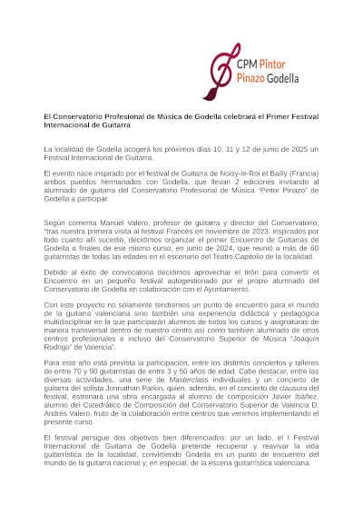 El Conservatorio Profesional de Música de Godella celebrará el Primer Festival Internacional de Guitarra