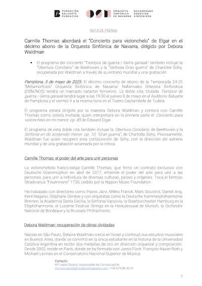 Camille Thomas abordará el “Concierto para violonchelo” de Elgar en el décimo abono de la Orquesta Sinfónica de Navarra