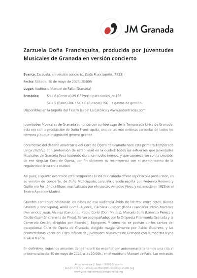 Zarzuela Doña Francisquita, en versión concierto, producida por Juventudes Musicales de Granada