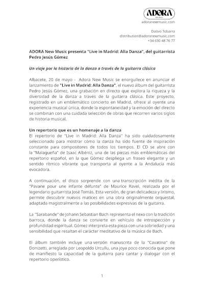 ADORA New Music presenta «Live in Madrid: Alla Danza», del guitarrista Pedro Jesús Gómez