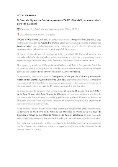 El Coro de Ópera de Córdoba presenta «Zarzuela Viva», su nuevo disco para IBS Classical