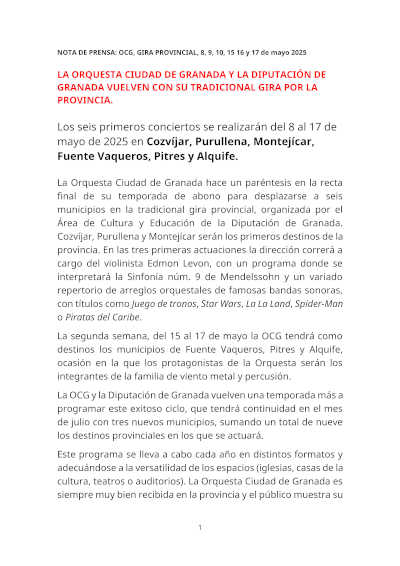 La Orquesta Ciudad de Granada y la Diputación de Granada vuelven con su tradicional gira por la provincia
