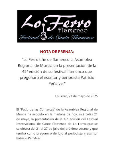 Lo Ferro tiñe de flamenco la Asamblea Regional de Murcia en la presentación de la 45ª edición de su festival flamenco