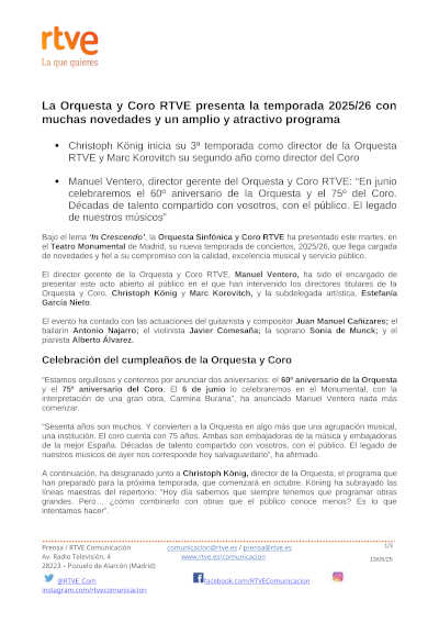 La Orquesta y Coro RTVE presenta la temporada 2025/26 con muchas novedades y un amplio y atractivo programa
