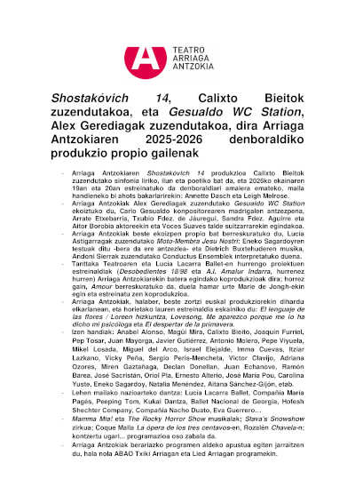 Shostakóvich 14 y Gesualdo WC Station, producciones propias destacadas de la temporada 2025-2026 del Teatro Arriaga