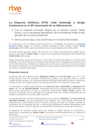 La Orquesta Sinfónica RTVE rinde homenaje a Sergiu Comissiona en el 20º aniversario de su fallecimiento