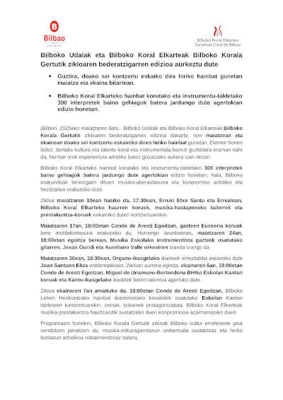 El Ayuntamiento de Bilbao y la Sociedad Coral de Bilbao presentan la novena edición del ciclo Bilboko Korala Gertutik