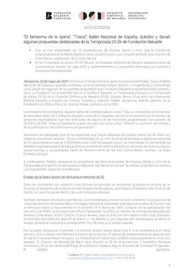 El fantasma de la ópera, Tosca, BNE, Sokolov y Savall, algunas propuestas de la Temporada 25-26 de Fundación Baluarte