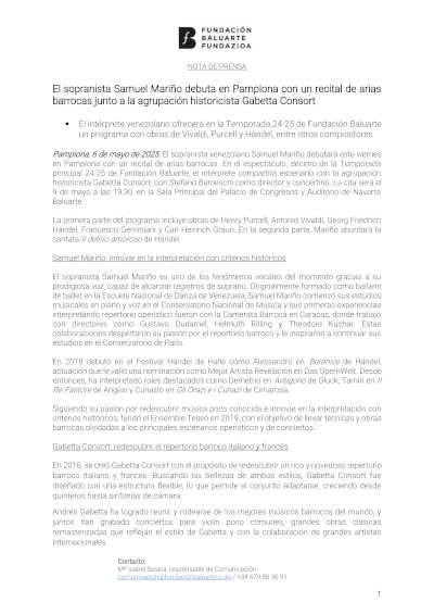 El sopranista Samuel Mariño debuta en Pamplona con un recital de arias barrocas junto a la agrupación historicista Gabetta Consort