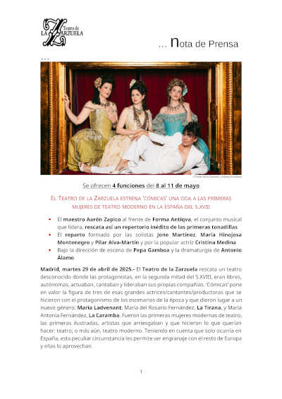 El Teatro de la Zarzuela estrena «cómicas» una oda a las primeras mujeres de teatro moderno en la españa del S.XVIII