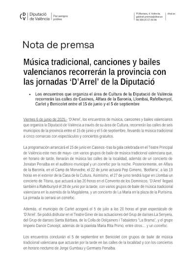 Música tradicional, canciones y bailes valencianos recorrerán la provincia con las jornadas ‘D’Arrel’ de la Diputació
