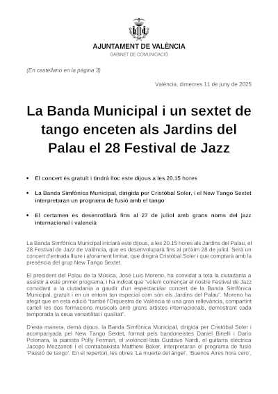 La Banda Municipal y un sexteto de tango inician en los Jardines del Palau el 28 Festival de Jazz