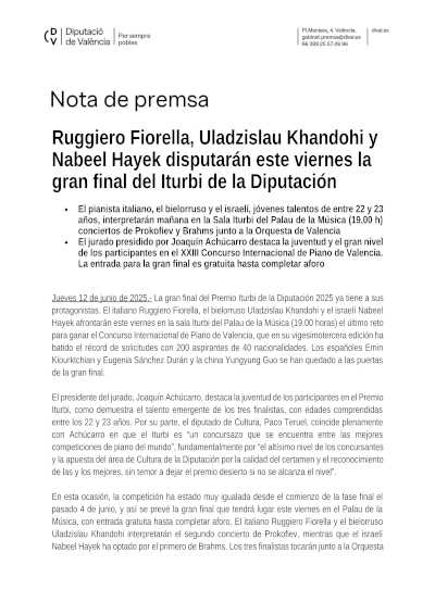 Ruggiero Fiorella, Uladzislau Khandohi y Nabeel Hayek disputarán este viernes la gran final del Premi Iturbi de la Diputación