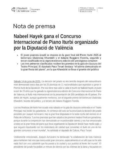 Nabeel Hayek gana el Concurso Internacional de Piano Iturbi organizado por la Diputació de València