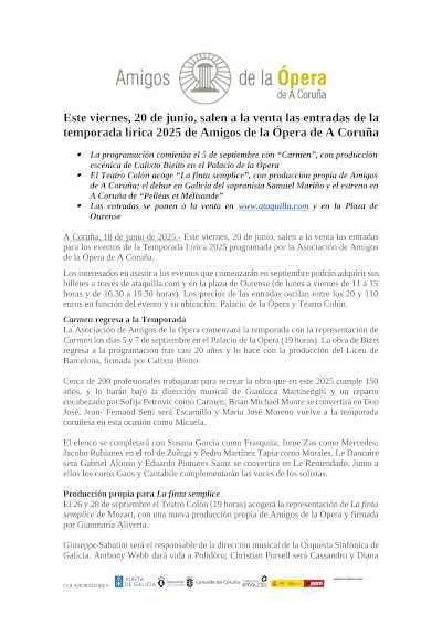 Este viernes 20 de junio, salen a la venta las entradas de la temporada lírica 2025 de Amigos de la Ópera de A Coruña